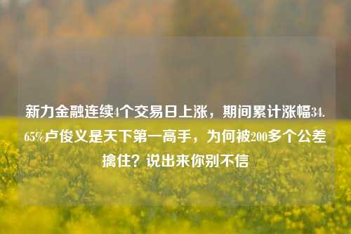 新力金融连续4个交易日上涨，期间累计涨幅34.65%卢俊义是天下第一高手，为何被200多个公差擒住？说出来你别不信