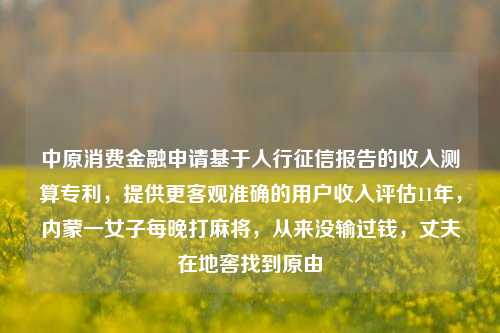 中原消费金融申请基于人行征信报告的收入测算专利，提供更客观准确的用户收入评估11年，内蒙一女子每晚打麻将，从来没输过钱，丈夫在地窖找到原由